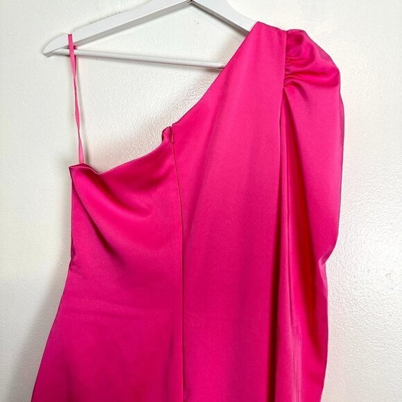 MAC DUGGAL Feather Trim One-Shoulder Long Sleeve Minidress Candy Pink Size US 4 - Picture 6 of 9